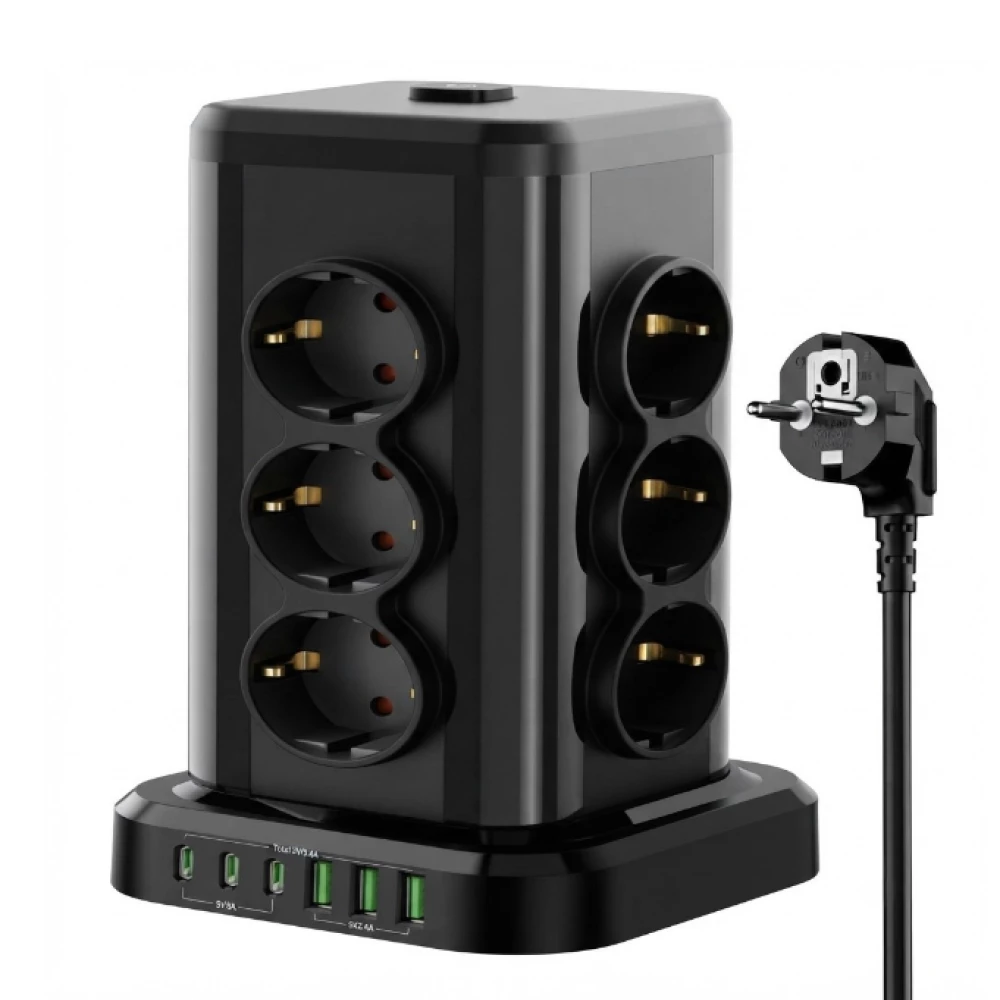 Купити Мережевий подовжувач-вежа VINISEM з USB, 2 м, чорний – Мережеві фільтри та подовжувачі в Україні