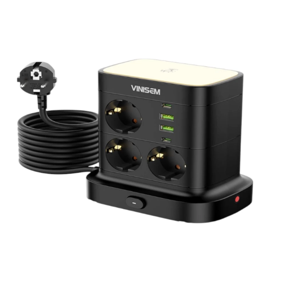 Купити Мережевий подовжувач-вежа VINISEM з USB та нічником, 2 м, чорний – Мережеві фільтри та подовжувачі в Україні