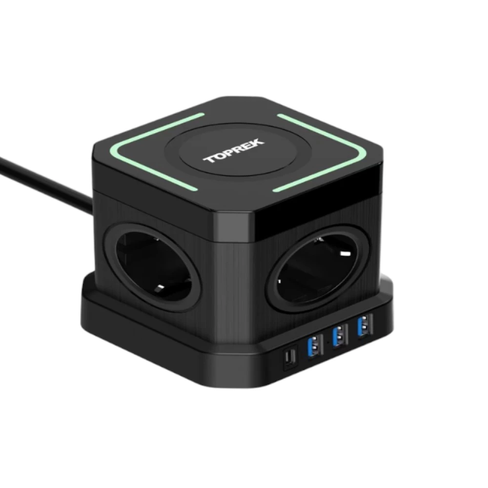 Купити Мережевий подовжувач-куб TOPREK з USB-C PD 20 Вт та бездротовою зарядкою 15 Вт, 2 м, чорний – Мережеві фільтри та подовжувачі в Україні