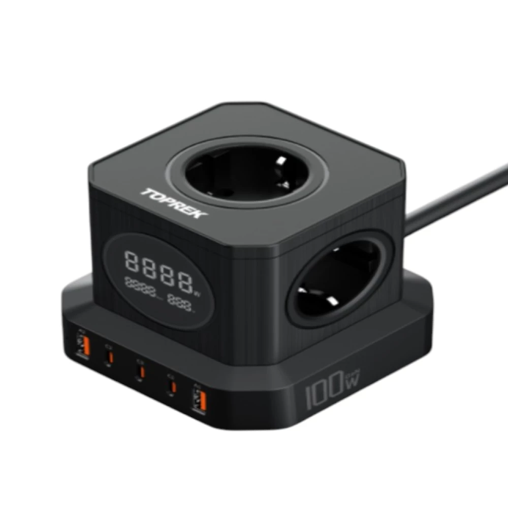 Купити Мережевий подовжувач-куб TOPREK 100 Вт з LED-дисплеєм (5 розеток, 3×USB-C, 2×USB-A), 2 м, чорний – Мережеві фільтри та подовжувачі в Україні