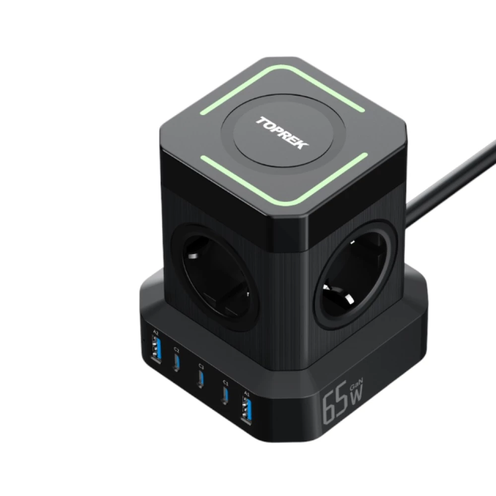 Купити Мережевий подовжувач-куб TOPREK 65 Вт (5 розеток, 3×USB-C, 2×USB-A), 2 м, чорний – Мережеві фільтри та подовжувачі в Україні