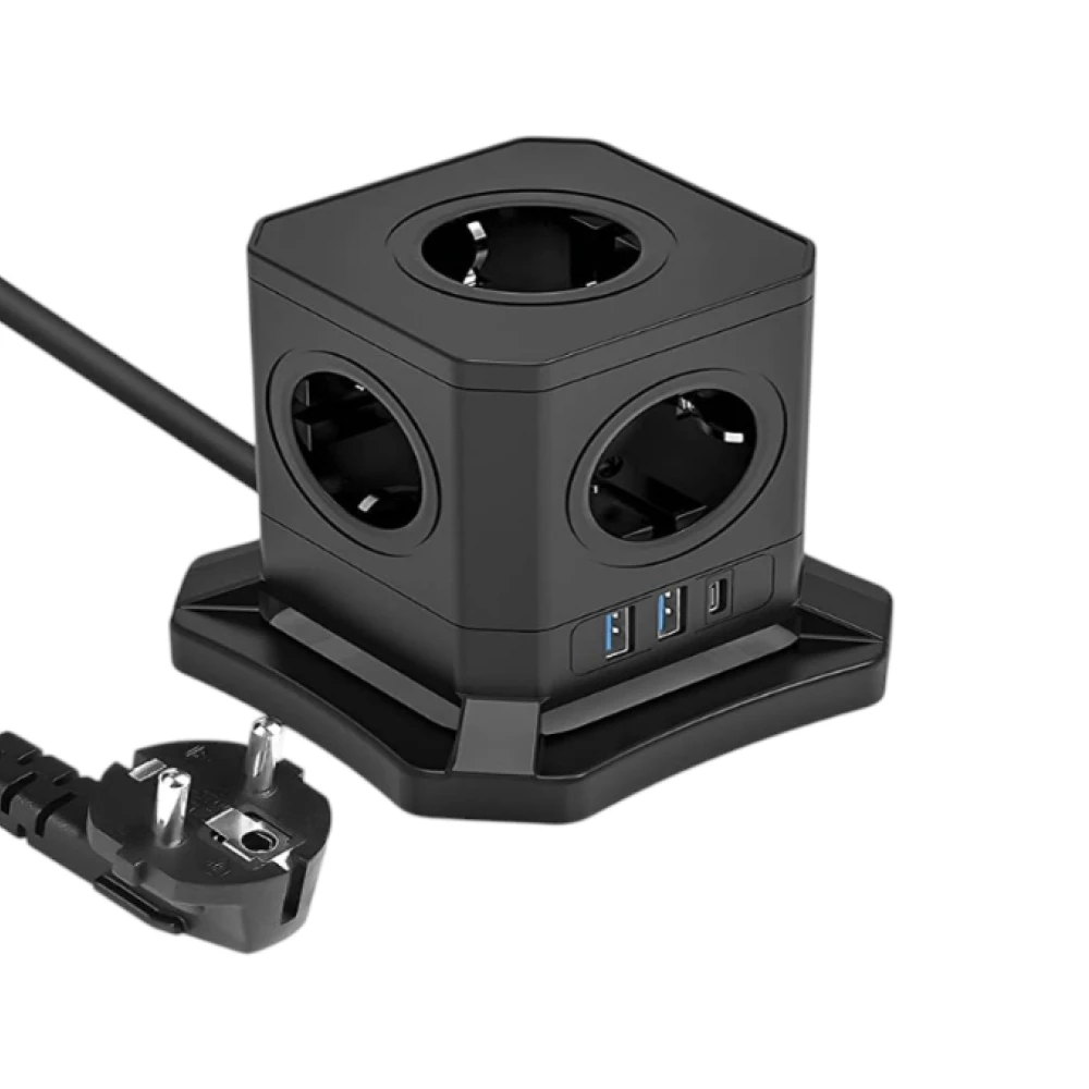 Купити Мережевий подовжувач-куб TOPREK з USB-C PD 30 Вт (5 розеток, 1×USB-C, 2×USB-A), 3 м, чорний – Мережеві фільтри та подовжувачі в Україні