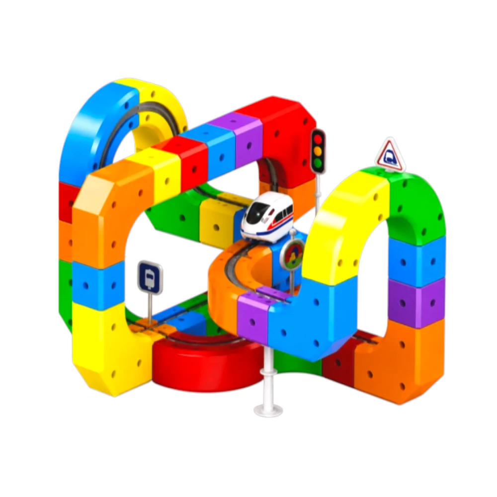 Купить Детский 3D конструктор-трек XTKM Magic Rail Cube Track на 81 деталь (поезд на аккумуляторе, движение вверх ногами, световые эффекты, присоски) – Магнитные конструкторы в Украине